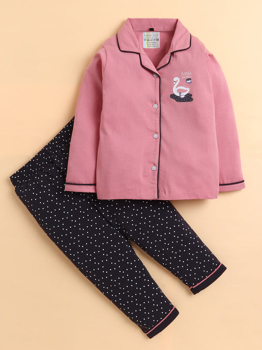 Polka Tots Full sleeve Little Swan Print Night suit - Peach