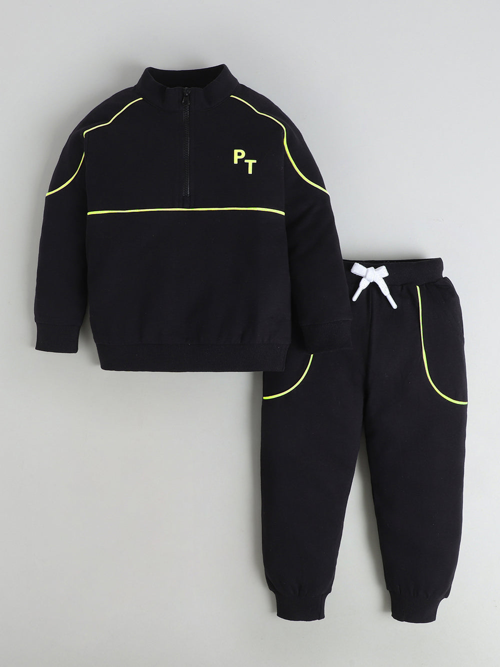 Polka Tots Full Sleeve Neon Piping “Cool Kids Club” Co-ord Jogger Set – Black