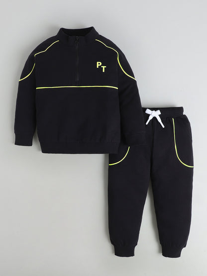 Polka Tots Full Sleeve Neon Piping “Cool Kids Club” Sweatshirt & Co-ord Jogger Set – Black