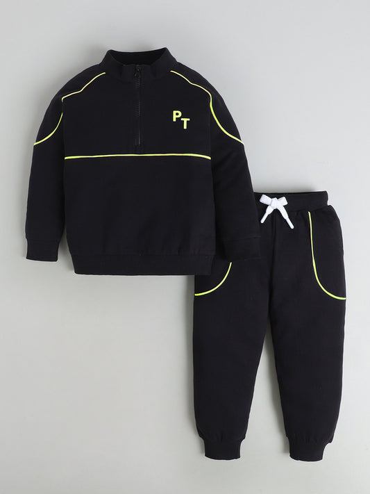 Polka Tots Full Sleeve Neon Piping “Cool Kids Club” Sweatshirt & Co-ord Jogger Set – Black