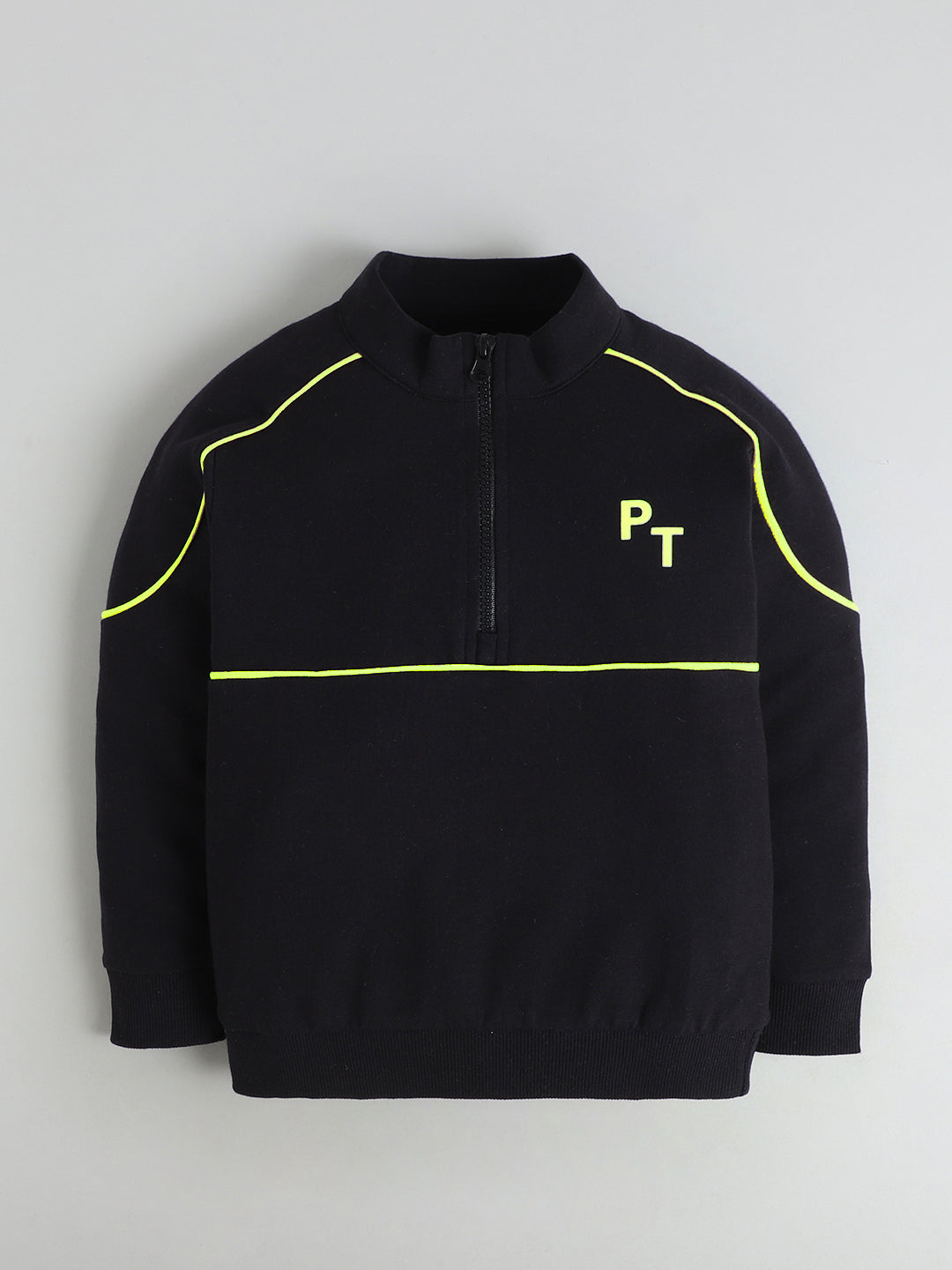 Polka Tots Full Sleeve Neon Piping “Cool Kids Club” Sweatshirt & Co-ord Jogger Set – Black