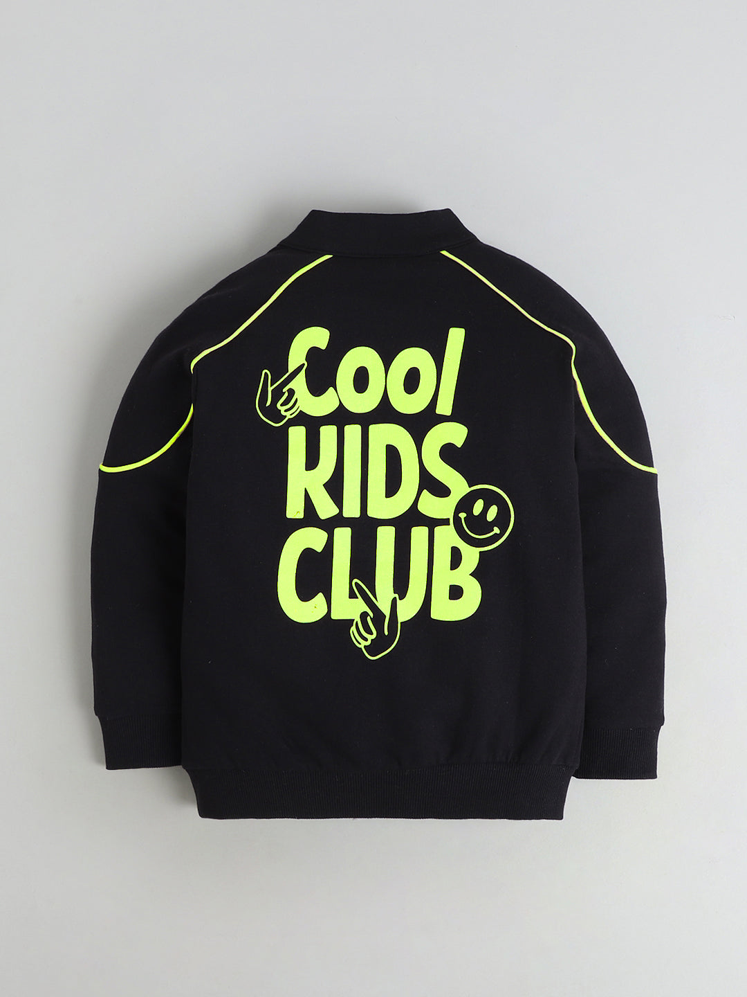 Polka Tots Full Sleeve Neon Piping “Cool Kids Club” Sweatshirt & Co-ord Jogger Set – Black