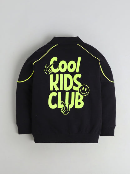 Polka Tots Full Sleeve Neon Piping “Cool Kids Club” Sweatshirt & Co-ord Jogger Set – Black
