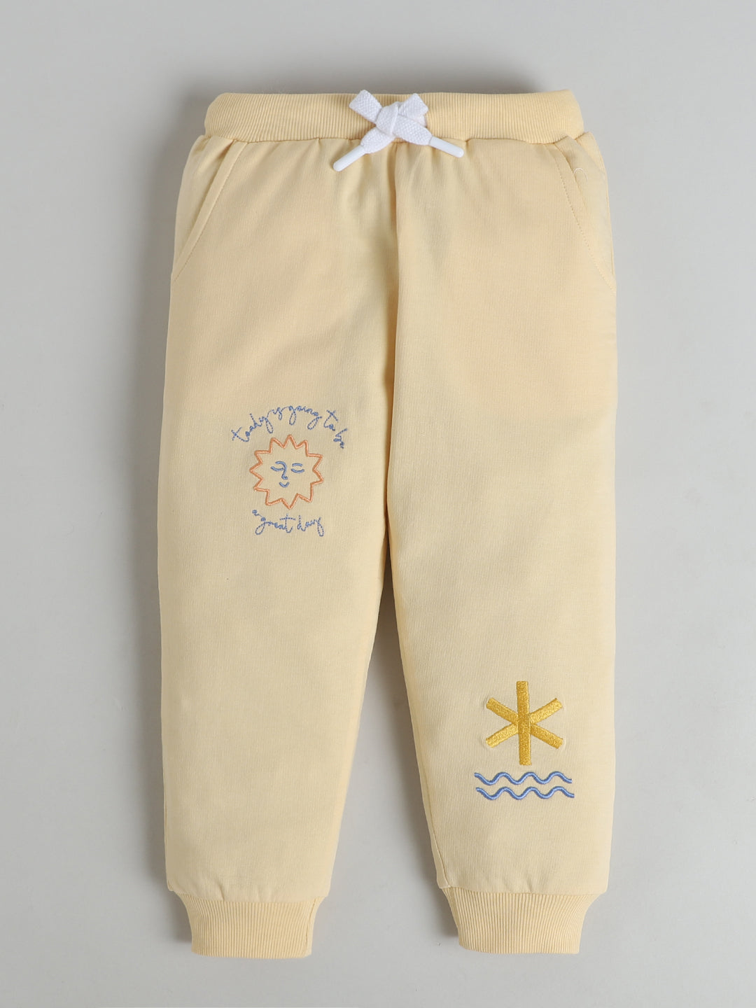 Polka Tots Full Sleeve Sunshine & Rainbow Embroidered Sweatshirt & Co-ord Jogger Set – Cream