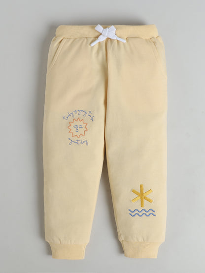Polka Tots Full Sleeve Sunshine & Rainbow Embroidered Sweatshirt & Co-ord Jogger Set – Cream
