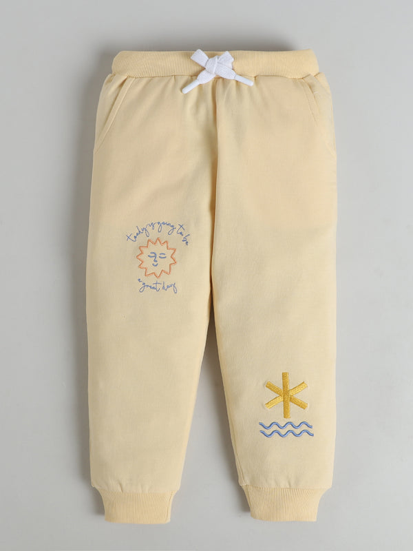 Polka Tots Full Sleeve Sunshine & Rainbow Embroidered Co-ord Jogger Set – Cream