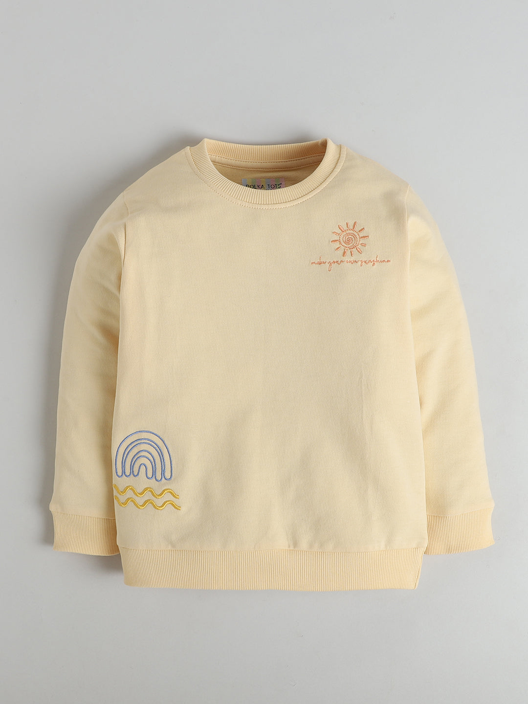 Polka Tots Full Sleeve Sunshine & Rainbow Embroidered Sweatshirt & Co-ord Jogger Set – Cream