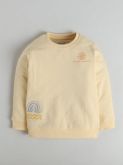 Polka Tots Full Sleeve Sunshine & Rainbow Embroidered Sweatshirt & Co-ord Jogger Set – Cream