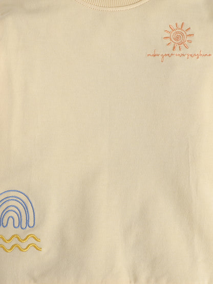 Polka Tots Full Sleeve Sunshine & Rainbow Embroidered Sweatshirt & Co-ord Jogger Set – Cream