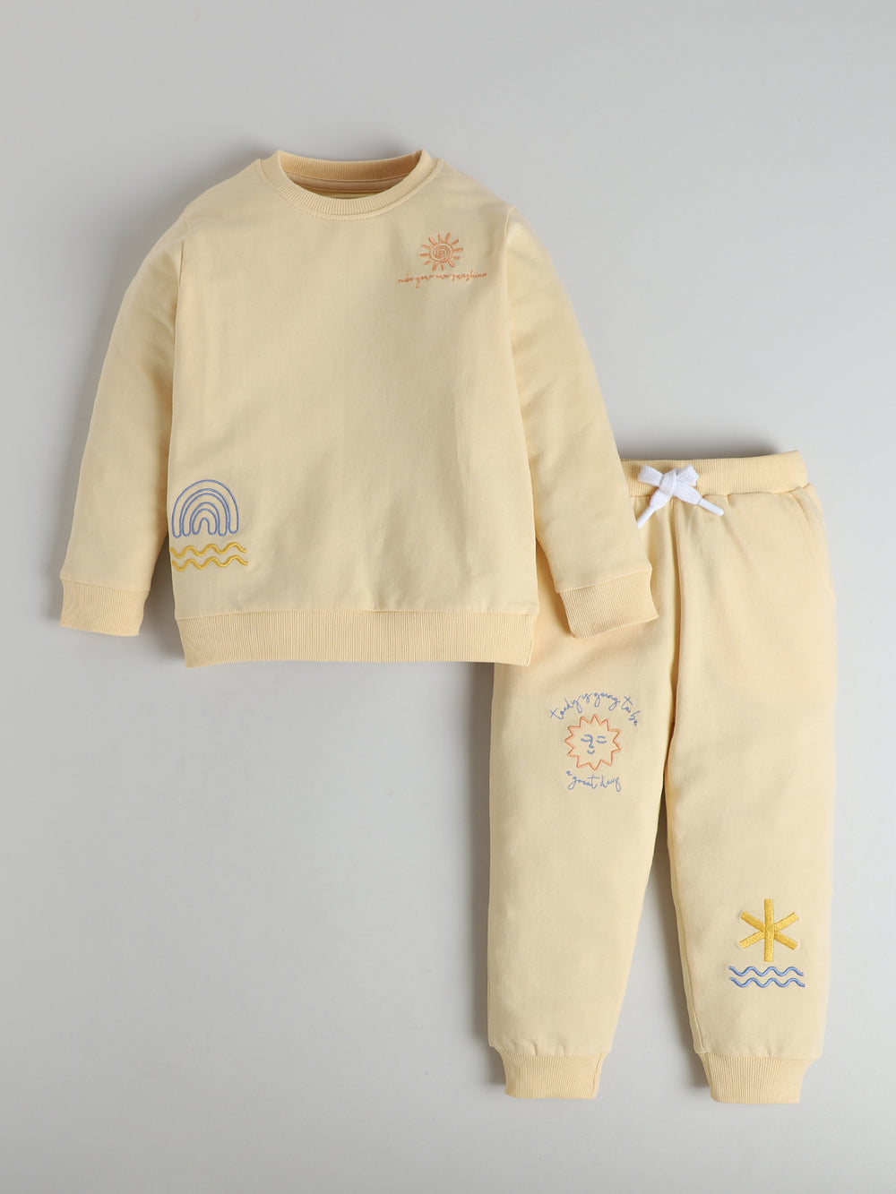 Polka Tots Full Sleeve Sunshine & Rainbow Embroidered Co-ord Jogger Set – Cream