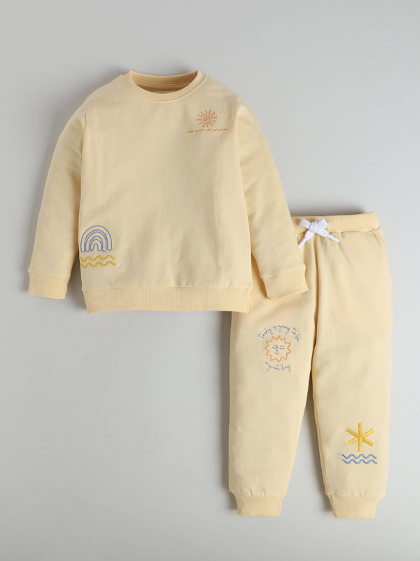 Polka Tots Full Sleeve Sunshine & Rainbow Embroidered Co-ord Jogger Set – Cream