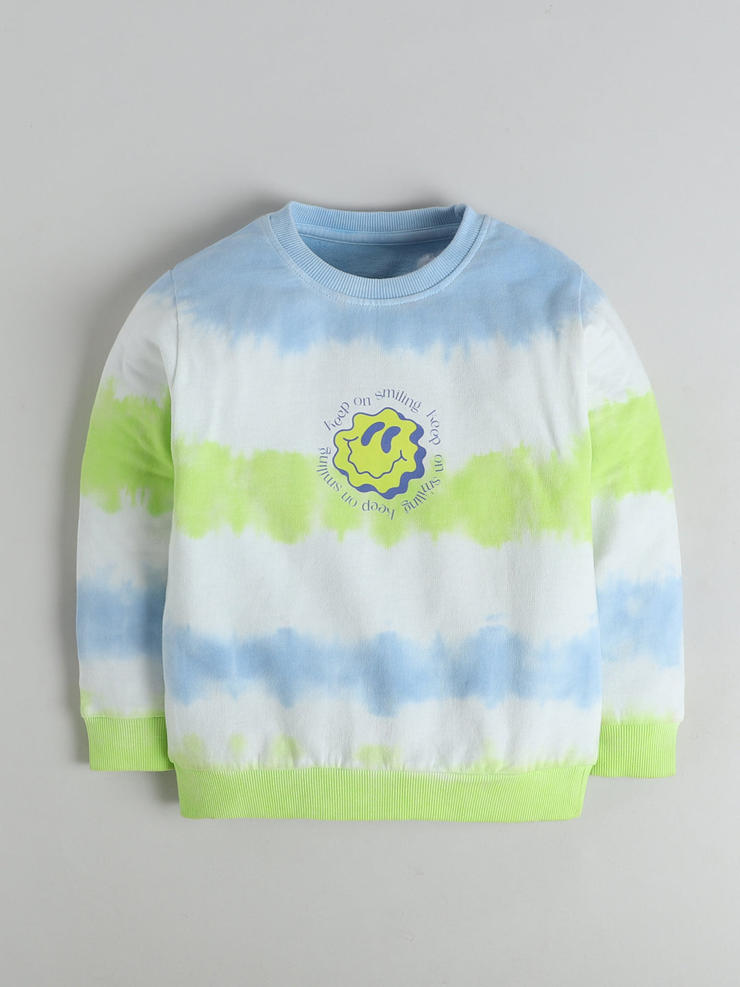 Polka Tots Full sleeve Tie-Dye Smiley Sweatshirt & Co-ord Jogger Set - Green & Blue