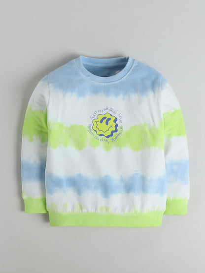Polka Tots Full sleeve Tie-Dye Smiley Sweatshirt & Co-ord Jogger Set - Green & Blue