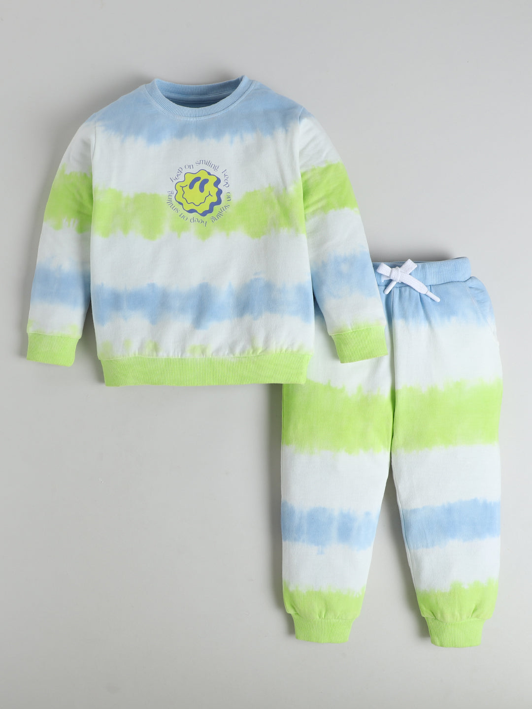 Polka Tots Full sleeve Tie-Dye Smiley Sweatshirt & Co-ord Jogger Set - Green & Blue