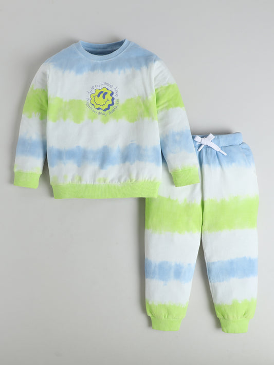 Polka Tots Full sleeve Tie-Dye Smiley Sweatshirt & Co-ord Jogger Set - Green & Blue