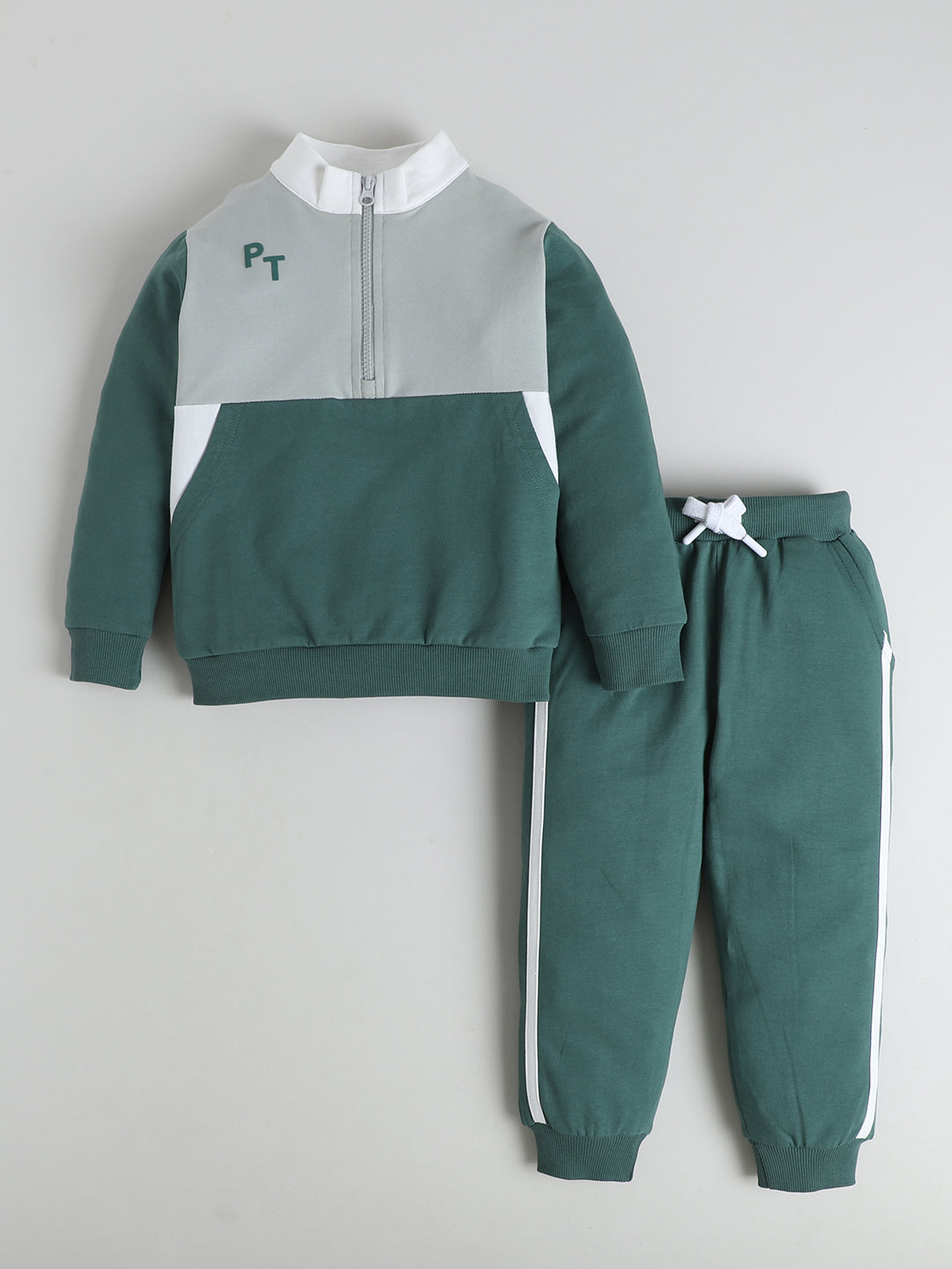 Polka Tots Full sleeve Colorblock Sweatshirt & Co-ord Jogger Set - Green