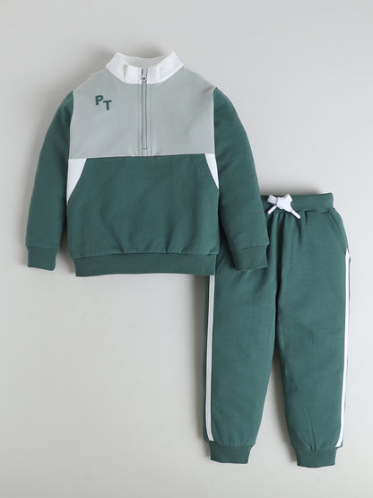 Polka Tots Full sleeve Colorblock Sweatshirt & Co-ord Jogger Set - Green