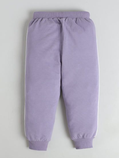 Polka Tots Full sleeve Striped Graphic Sweatshirt & Co-ord Jogger Set - Lilac & White