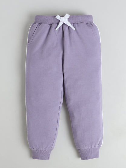 Polka Tots Full sleeve Striped Graphic Sweatshirt & Co-ord Jogger Set - Lilac & White