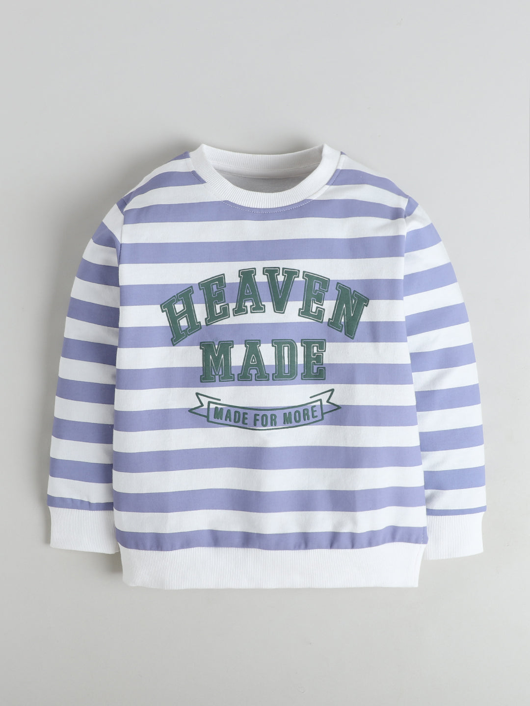 Polka Tots Full sleeve Striped Graphic Sweatshirt & Co-ord Jogger Set - Lilac & White