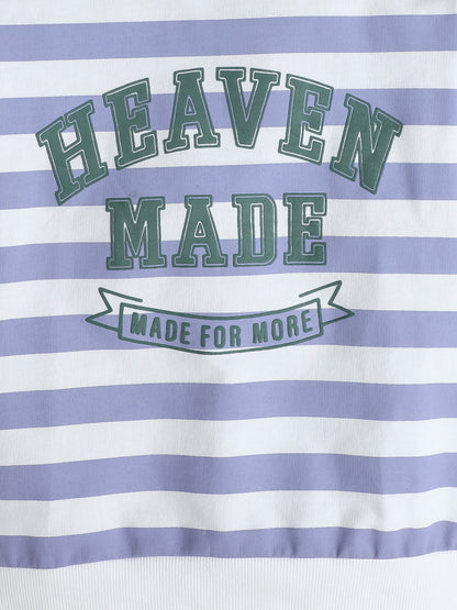 Polka Tots Full sleeve Striped Graphic Sweatshirt & Co-ord Jogger Set - Lilac & White