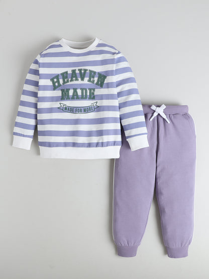 Polka Tots Full sleeve Striped Graphic Sweatshirt & Co-ord Jogger Set - Lilac & White