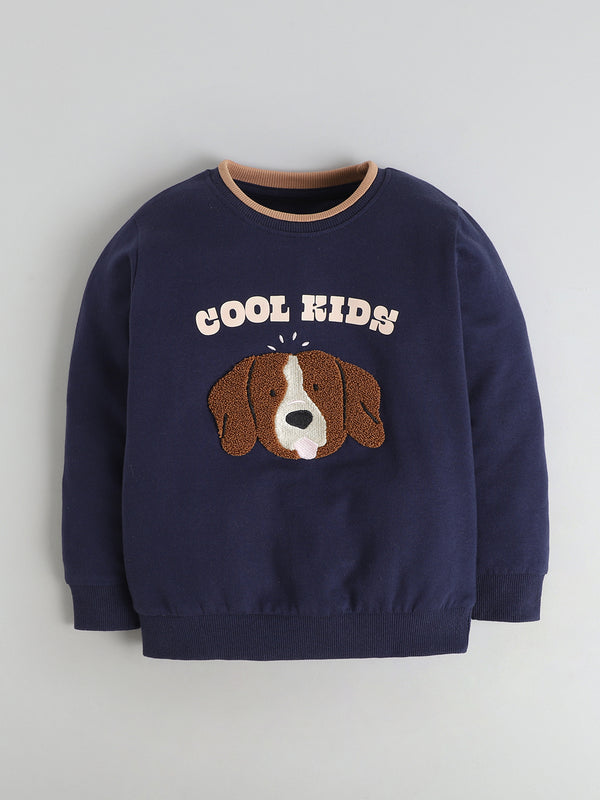 Polka Tots Full sleeve Embroidered Dog Co-ord Jogger Set - Navy & Tan
