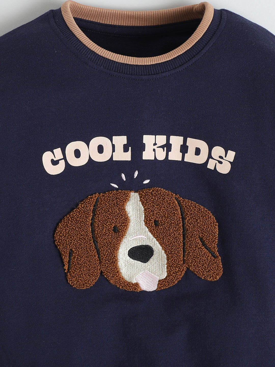 Polka Tots Full sleeve Embroidered Dog Sweatshirt & Co-ord Jogger Set - Navy & Tan