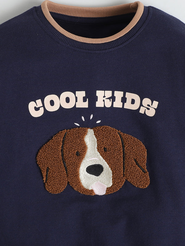Polka Tots Full sleeve Embroidered Dog Co-ord Jogger Set - Navy & Tan