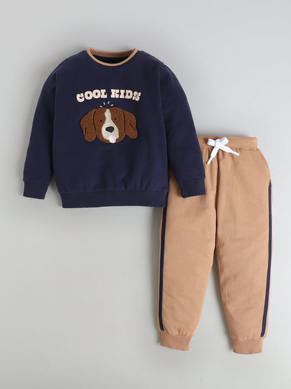 Polka Tots Full sleeve Embroidered Dog Sweatshirt & Co-ord Jogger Set - Navy & Tan