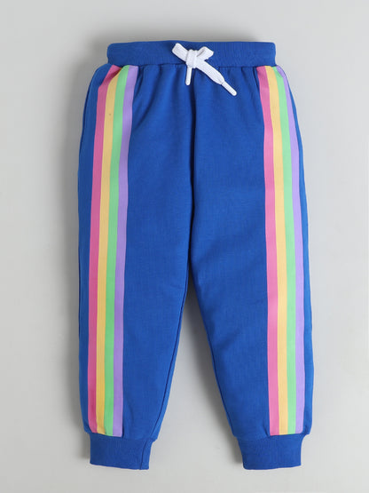 Polka Tots Full sleeve Rainbow Stripe Hooded Zip-Up Sweatshirt & Co-ord Jogger Set - Royal Blue