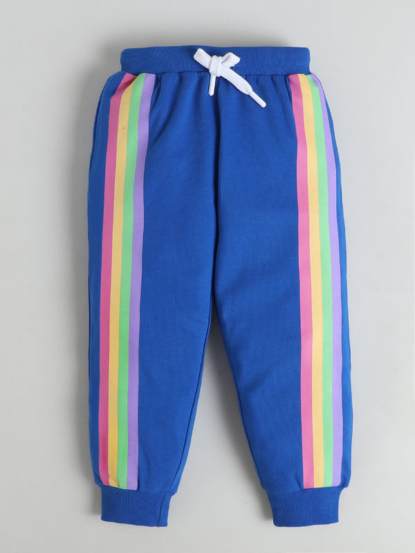 Polka Tots Full sleeve Rainbow Stripe Hooded Zip-Up Co-ord Jogger Set - Royal Blue