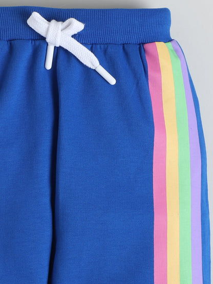 Polka Tots Full sleeve Rainbow Stripe Hooded Zip-Up Sweatshirt & Co-ord Jogger Set - Royal Blue