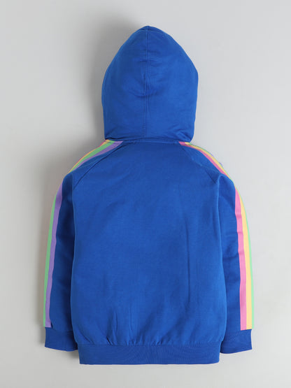 Polka Tots Full sleeve Rainbow Stripe Hooded Zip-Up Sweatshirt & Co-ord Jogger Set - Royal Blue
