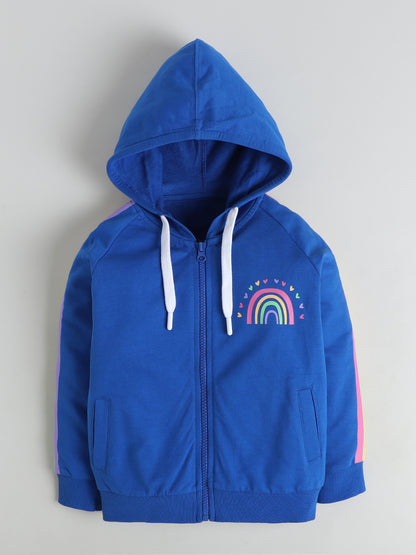 Polka Tots Full sleeve Rainbow Stripe Hooded Zip-Up Sweatshirt & Co-ord Jogger Set - Royal Blue
