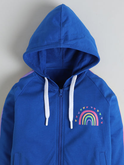 Polka Tots Full sleeve Rainbow Stripe Hooded Zip-Up Sweatshirt & Co-ord Jogger Set - Royal Blue