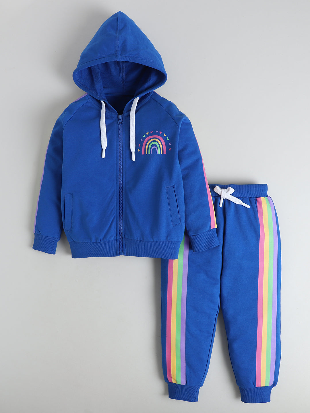 Polka Tots Full sleeve Rainbow Stripe Hooded Zip-Up Sweatshirt & Co-ord Jogger Set - Royal Blue