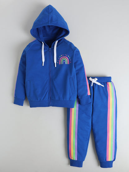 Polka Tots Full sleeve Rainbow Stripe Hooded Zip-Up Sweatshirt & Co-ord Jogger Set - Royal Blue