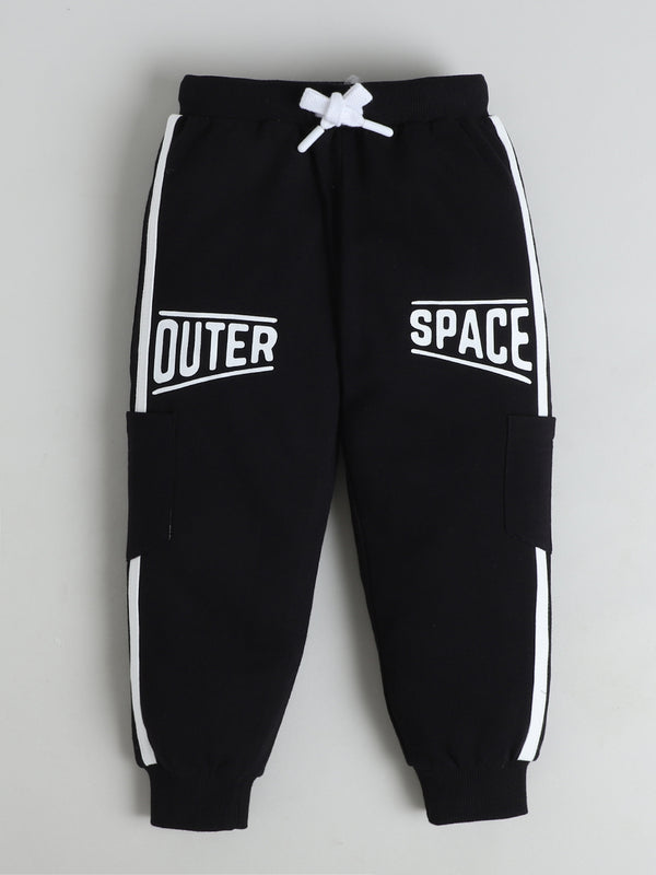 Polka Tots Full sleeve Space Graphic Hooded Co-ord Jogger Set - Black & White