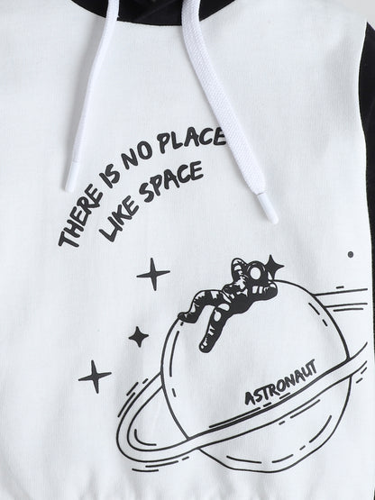 Polka Tots Full sleeve Space Graphic Hooded Sweatshirt & Co-ord Jogger Set - Black & White