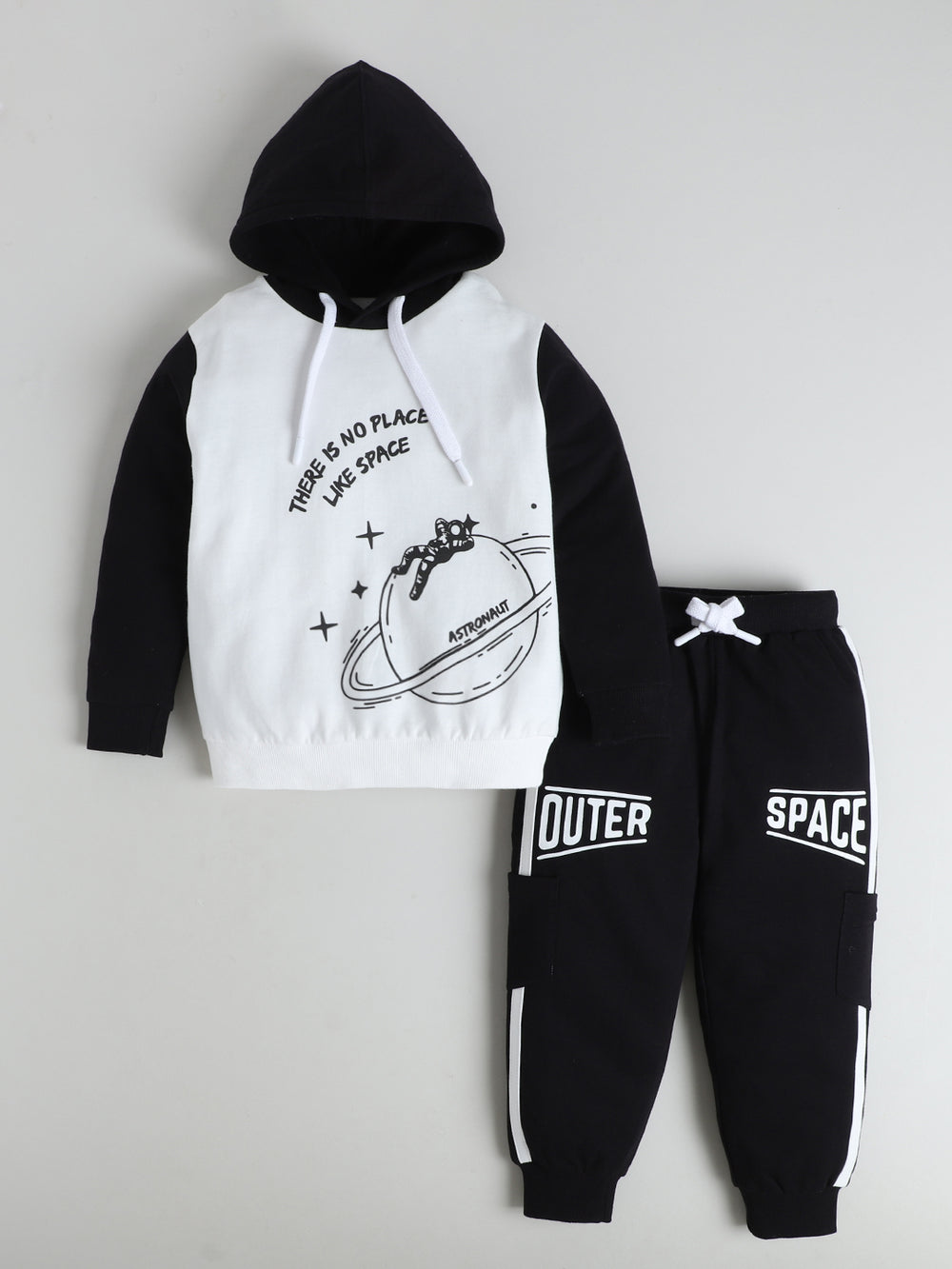 Polka Tots Full sleeve Space Graphic Hooded Co-ord Jogger Set - Black & White