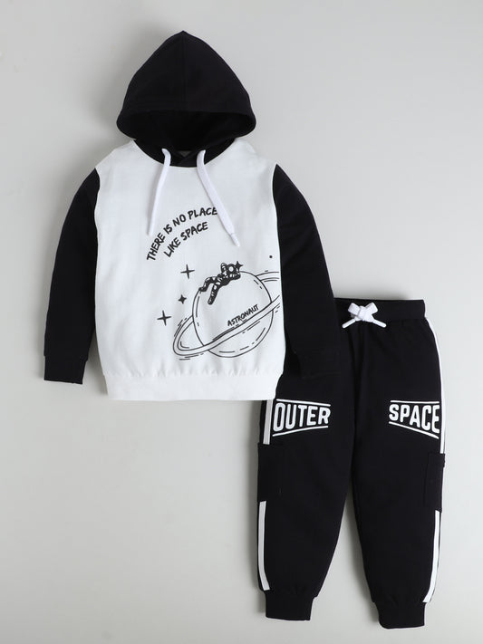 Polka Tots Full sleeve Space Graphic Hooded Sweatshirt & Co-ord Jogger Set - Black & White