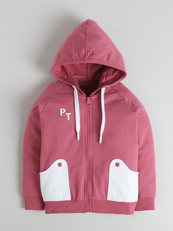 Polka Tots Full Sleeve Hooded Zip-Up Co-ord Jogger Set - Mauve