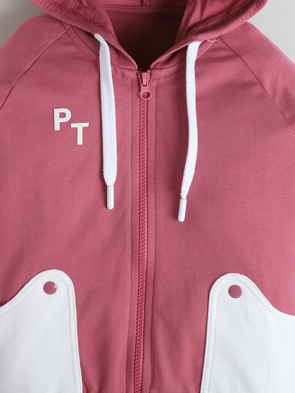Polka Tots Full Sleeve Hooded Zip-Up Sweatshirt with Pockets & Co-ord Jogger Set - Mauve