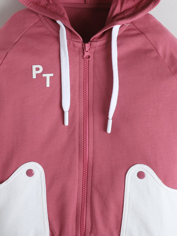 Polka Tots Full Sleeve Hooded Zip-Up Co-ord Jogger Set - Mauve