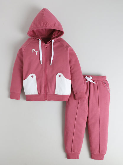 Polka Tots Full Sleeve Hooded Zip-Up Sweatshirt with Pockets & Co-ord Jogger Set - Mauve