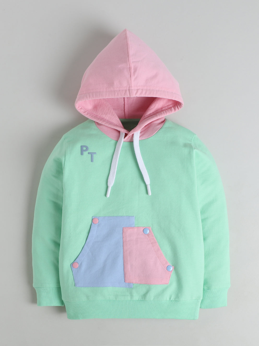 Polka Tots Full sleeve Colorblock Hooded Sweatshirt & Co-ord Jogger Set - Mint Green