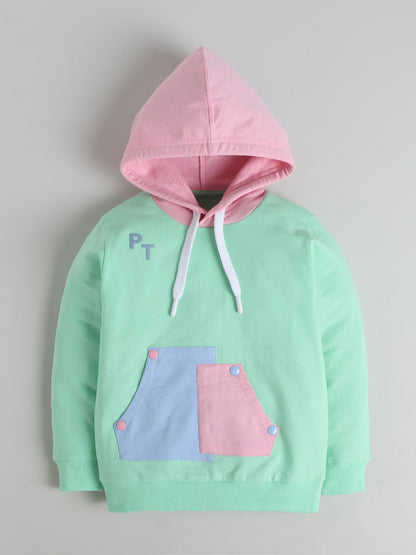 Polka Tots Full sleeve Colorblock Hooded Sweatshirt & Co-ord Jogger Set - Mint Green