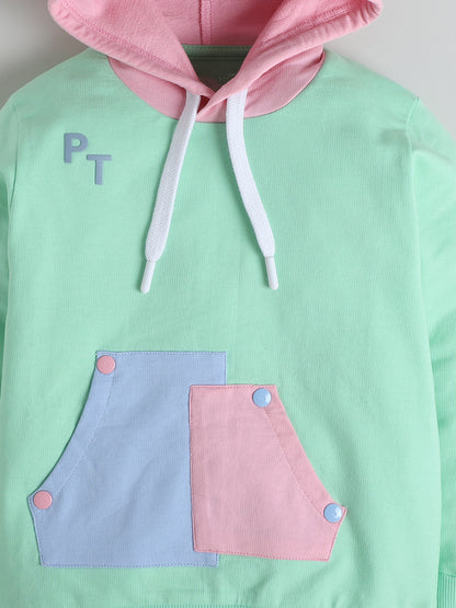 Polka Tots Full sleeve Colorblock Hooded Sweatshirt & Co-ord Jogger Set - Mint Green