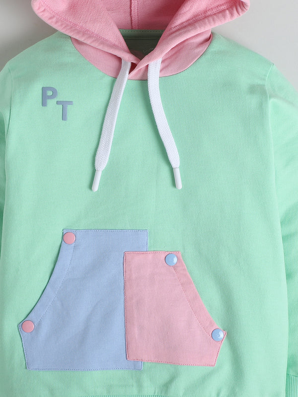 Polka Tots Full sleeve Colorblock Hooded Co-ord Jogger Set - Mint Green